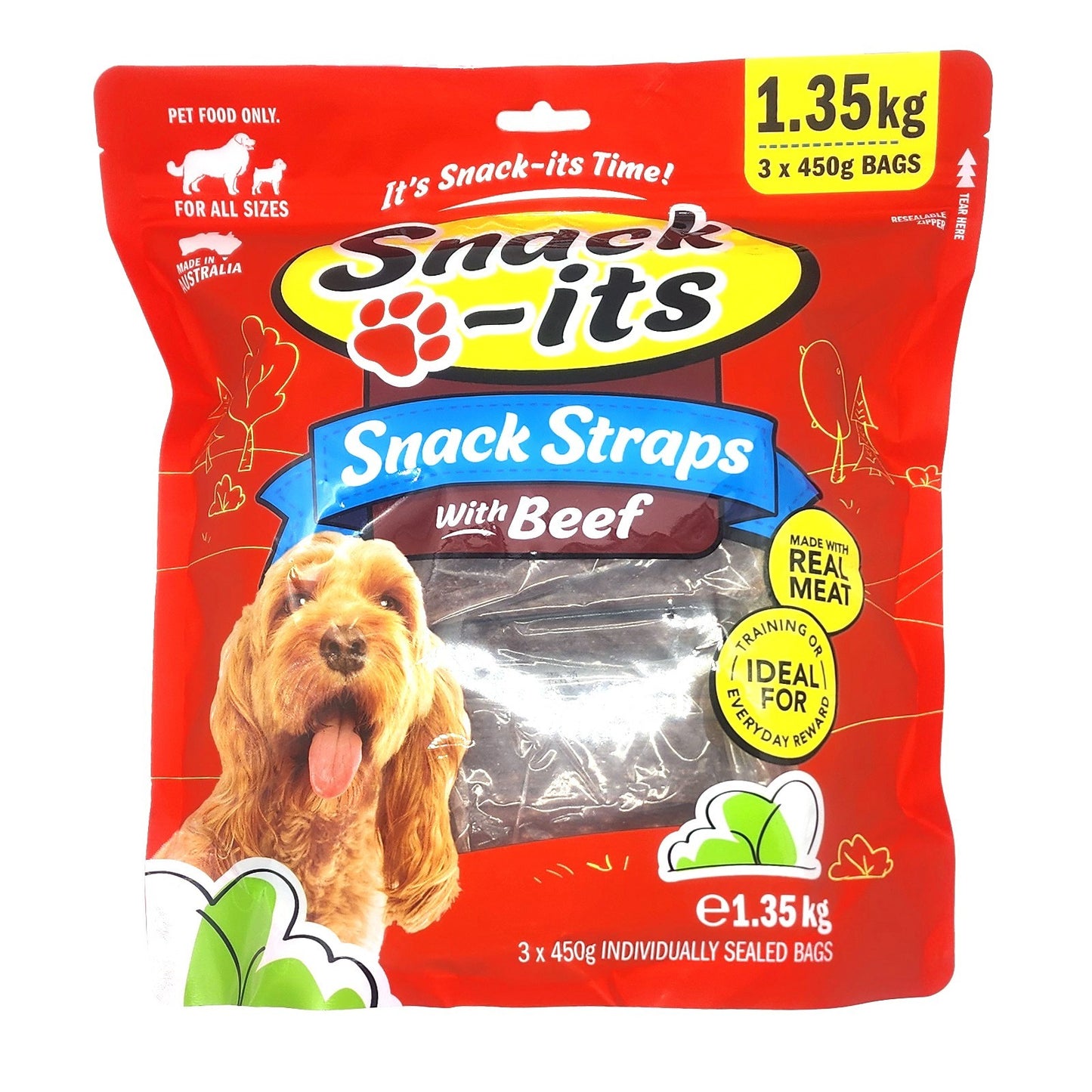 Snack-its Beef Flavoured Dog Snack Straps Treats Australia Made Real Meat 1.35kg