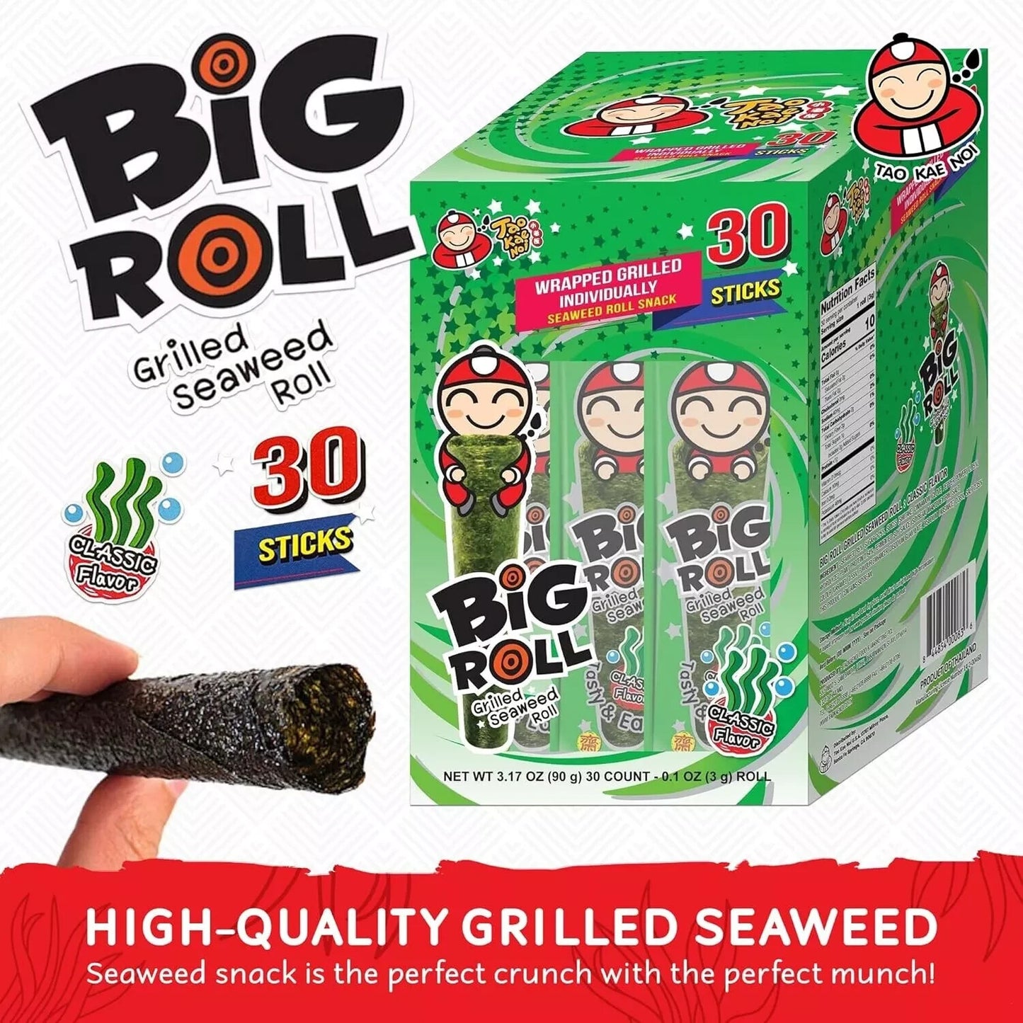 30 x 3g Tao Kae Noi Big Roll Grilled Seaweed Roll Snack Individually Wrapped