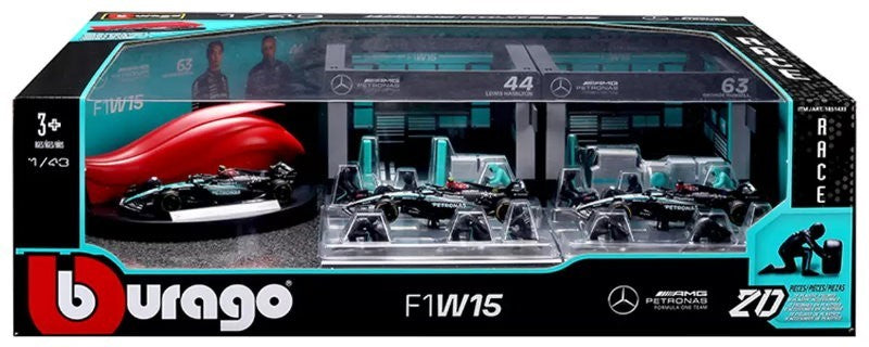 Burago 1:43 Formula One Racing Deluxe Paddock Ferrari, McLaren, Mercedes, RedBul