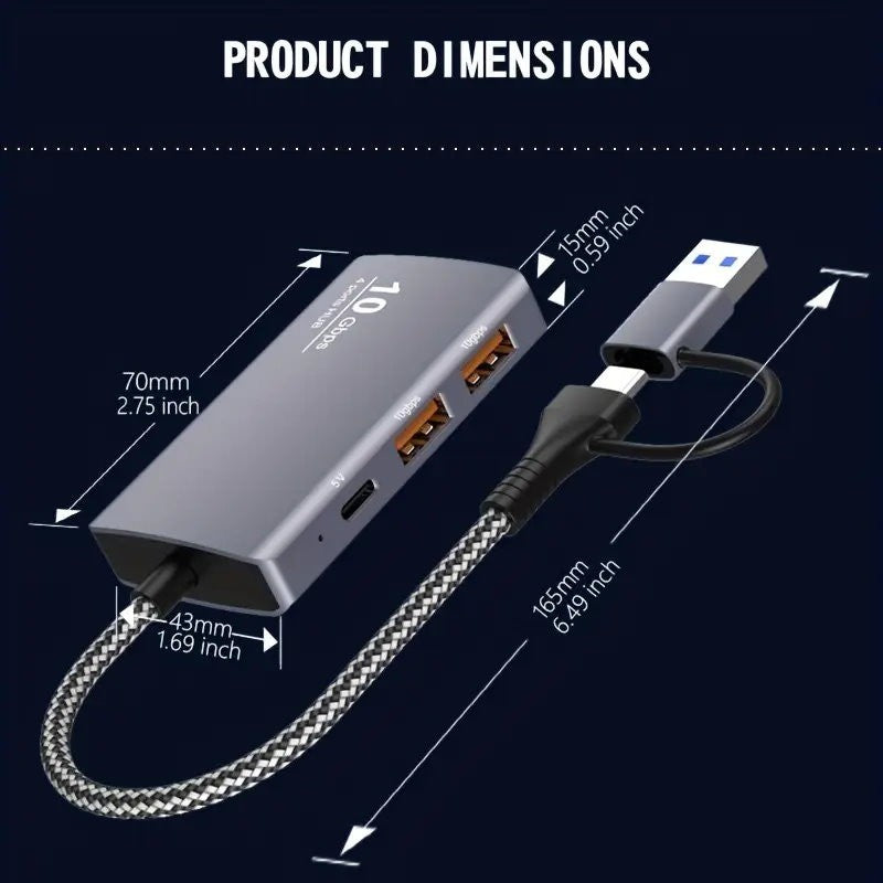 Universal 5-in-2 USB 3.2 Gen2 10Gbps Hub Splitter with 4x USB 3.2 + 1x USB C