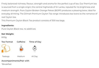 Dilmah Premium Ceylon Black Tea 300 Bags – Handpicked Single Origin Sri Lanka