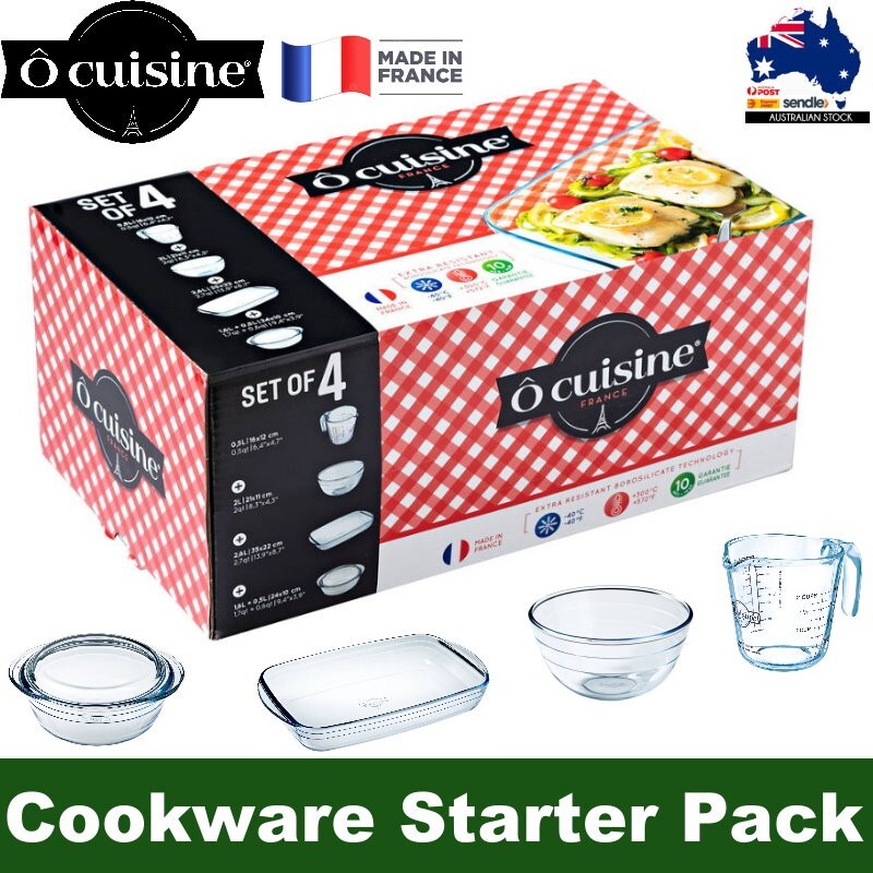 O Cuisine 4pc Glass Cookware Starter Pack Gift Set Bowl, Jug, Casserole, Roaster