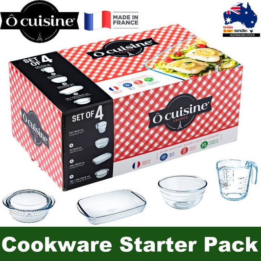 O Cuisine 4pc Glass Cookware Starter Pack Gift Set Bowl, Jug, Casserole, Roaster