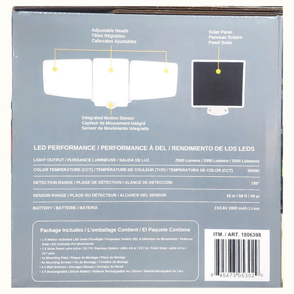 Solar 3 Motion Sensor LED Security Floodlight 2500 Lumen Garden Outdoor Light