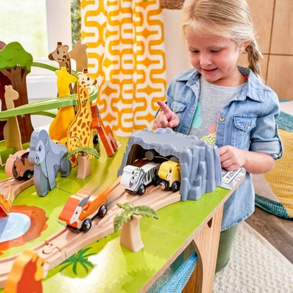 Kidkraft 52 Pcs Wooden Adventure Tracks Safari Run Play Table with Storage Net