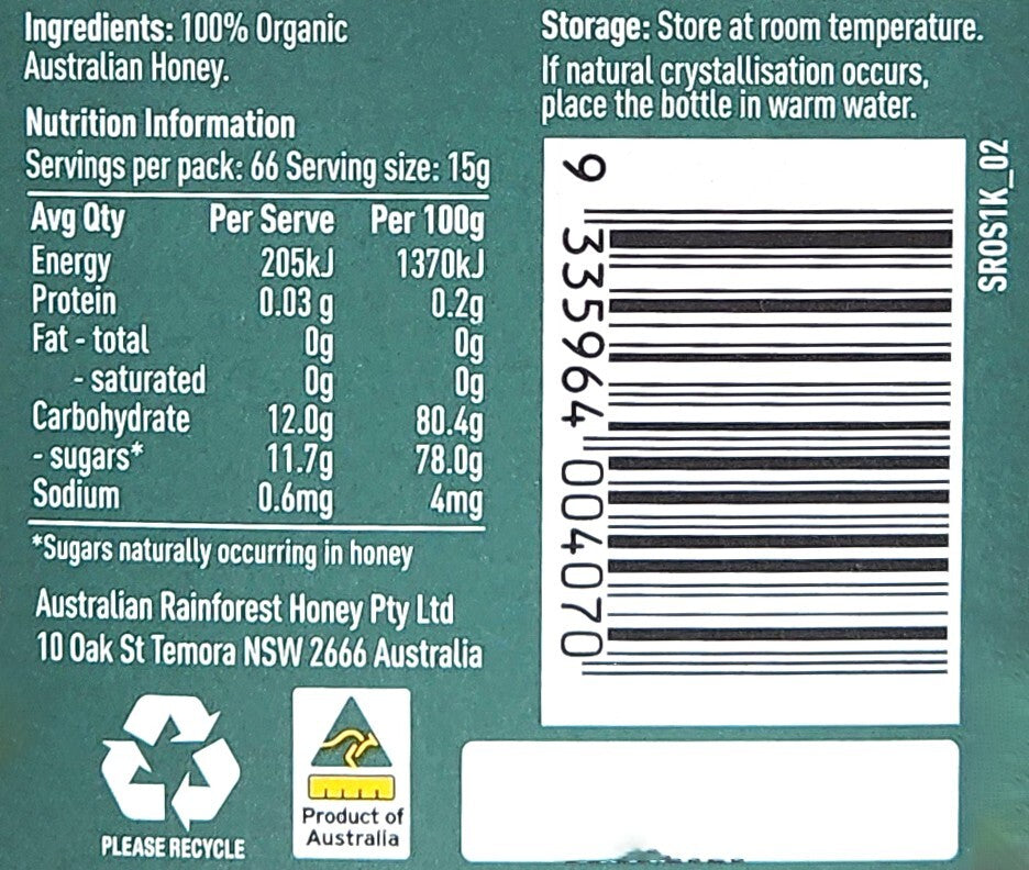 Stock Route 100% Pure Australian Organic Honey From Aussie Bush Bee Hives 1L