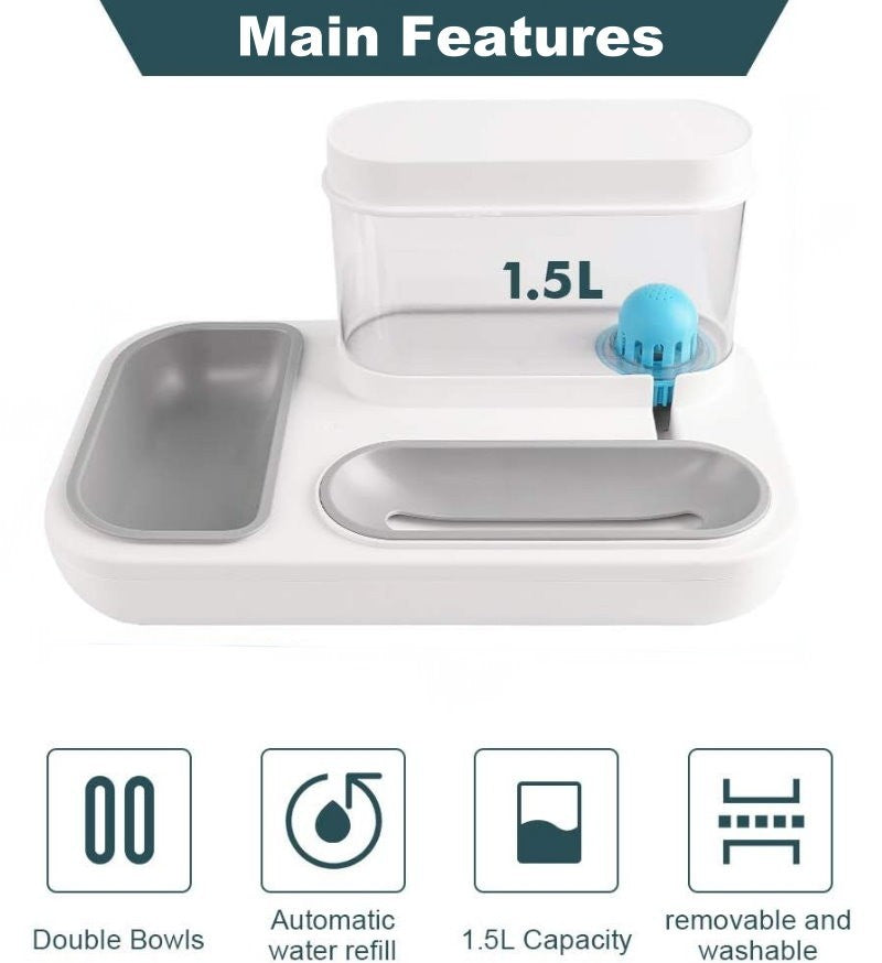 Ameifu 2-in-1 Cat Pet Bowls Food & Water Dispenser with Automatic Water Fountain