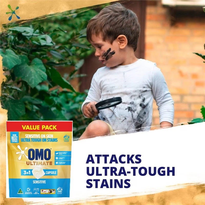 OMO Ultimate 3 in 1 Laundry Liquid Capsules Detergent Sensitive 50 or 100 Washes