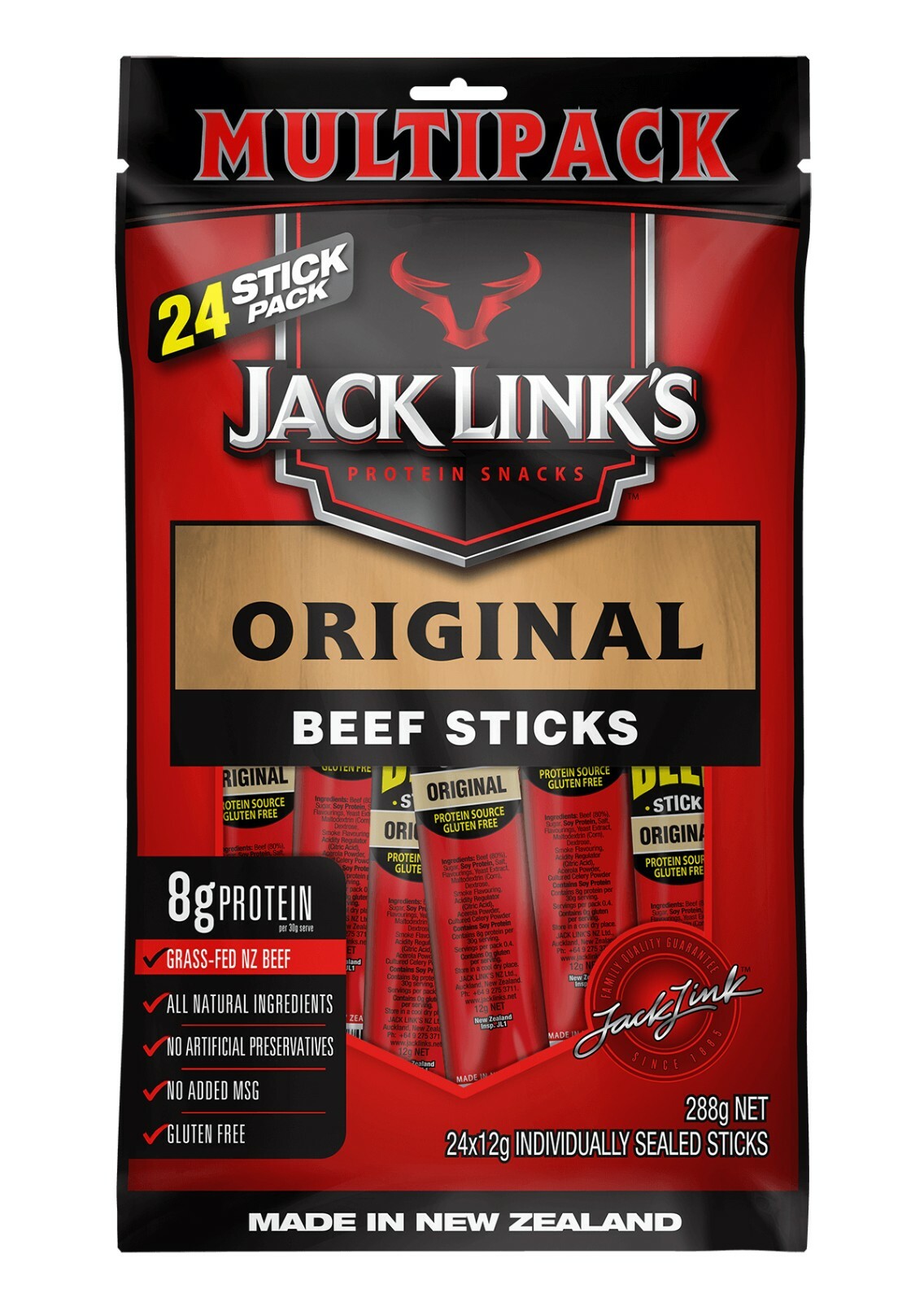 Jack Link's Original Beef Jerky Stick 24x12g High Protein Smoked Meat Snack 288g