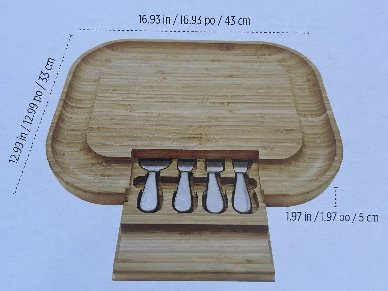 Carrara Bamboo Cheese Board 43 x 33 cm w/ 4 Stainless Steel Knife Serving Tools