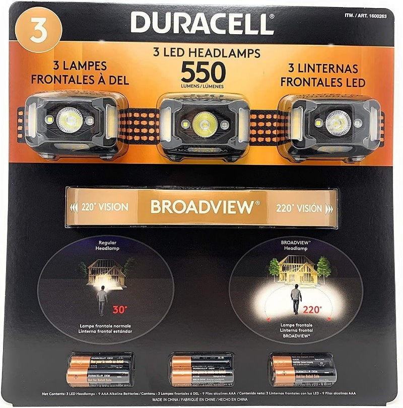 Duracell LED Headlamps 550 Lumens 9 Lighting Modes Waterproof IPX8, 220° Viewing