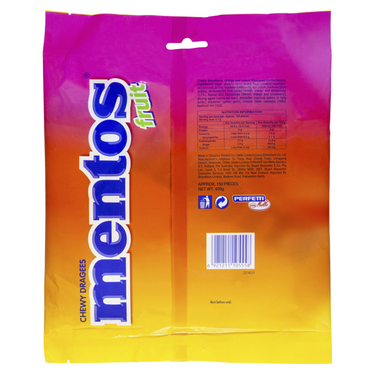 Mentos Fruit Chews Dragee Candy Lollies Home Office 405g Bag Fresher Breath Mint