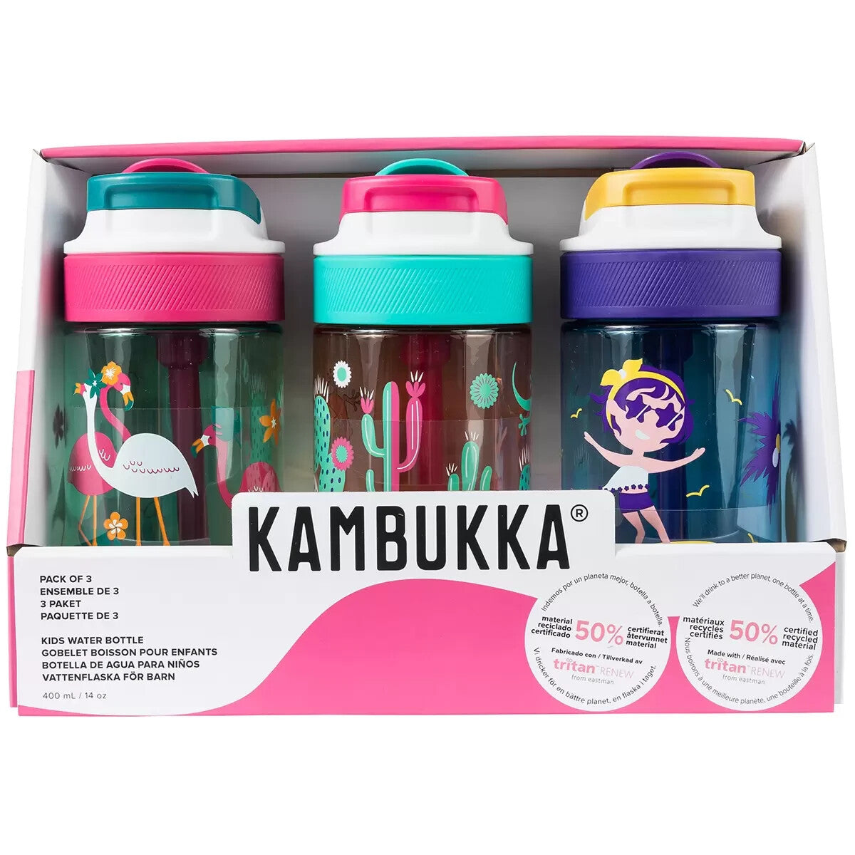 3 x 400ml Kambukka Lagoon Kids Water Drink Bottle Dishwasher Safe Green Pink