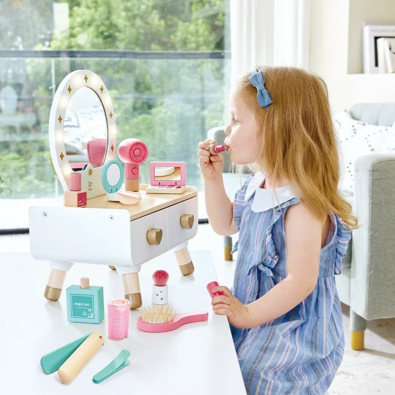 Hape 18 Pieces Kids' Sparkling Vanity Set Stylish Dressing Table Pretend Play