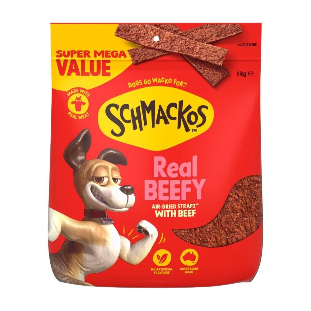 Schmackos Strapz Beef Flavoured Dog Snack Treats Australia Made 95% Fat Free 1KG