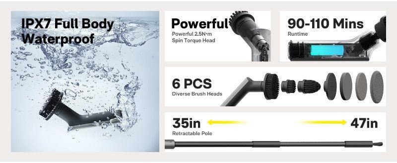 HOTO Cordless Electric Spin Scrubber Adjustable Angles with 6 Brush Heads
