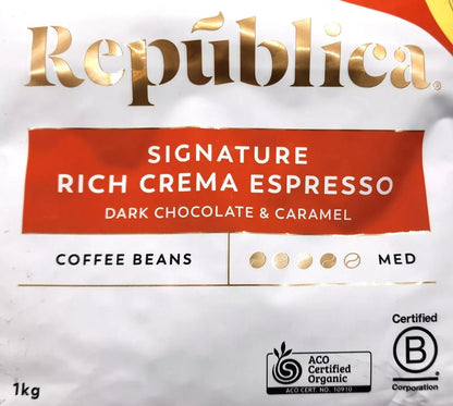 Republica Signature Espresso Organic Arabica Whole Coffee Bean Medium Roast 1kg