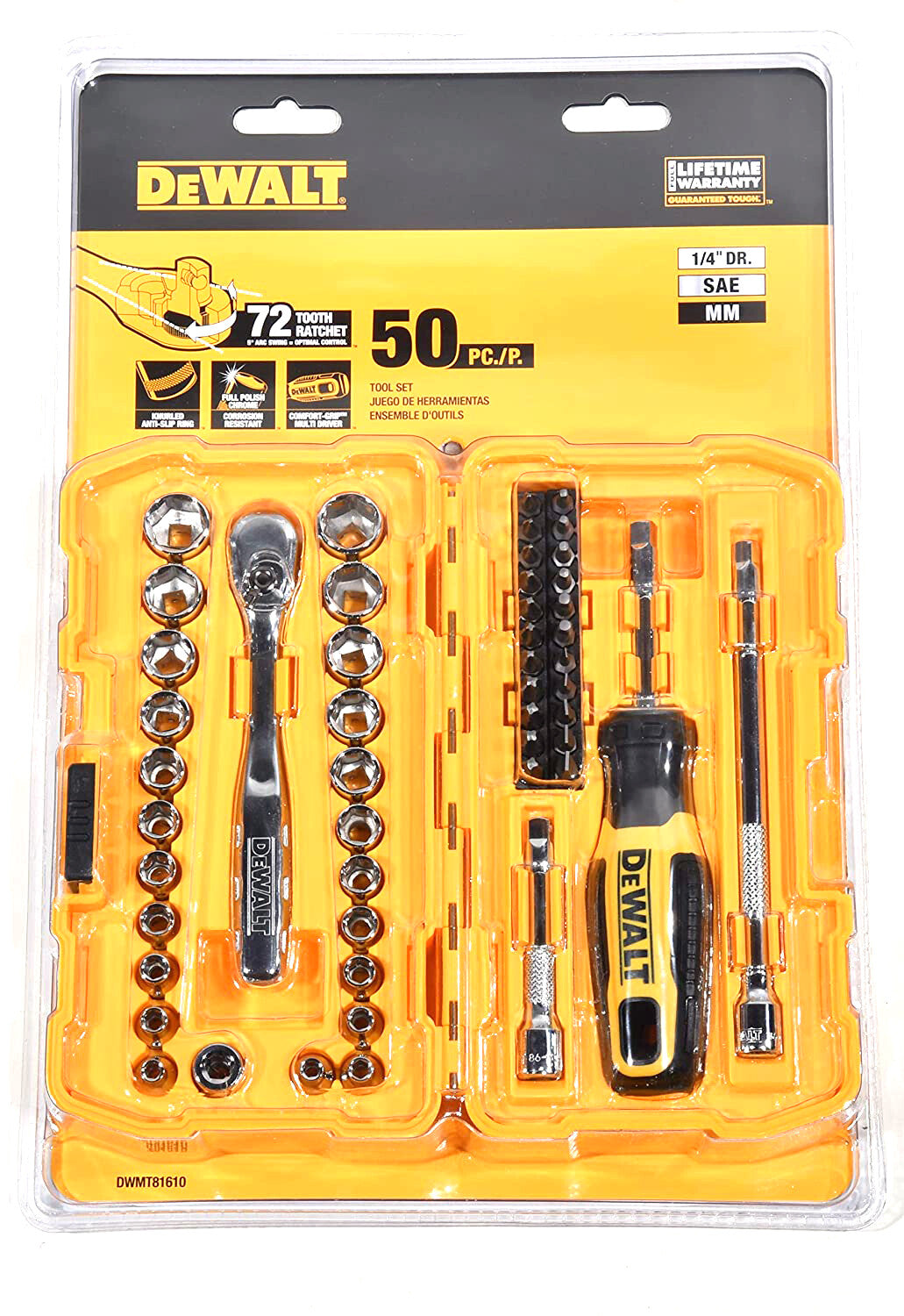 DeWALT  1/4" Drive 50 Piece Mechanics Socket Bits 72 Tooth Ratchet Tool Set Kit