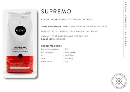 Coffex Supremo Blend 100% Arabica Whole Coffee Bean Roaster Medium Roast 1kg
