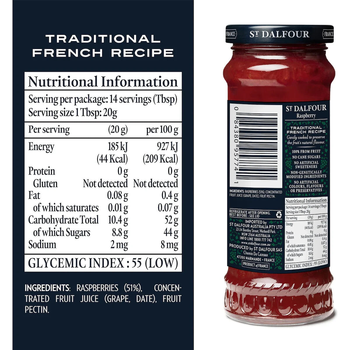 2 x 500g St Dalfour Raspberry 100% Fruit Bread Spread No Cane Sugar Vegan