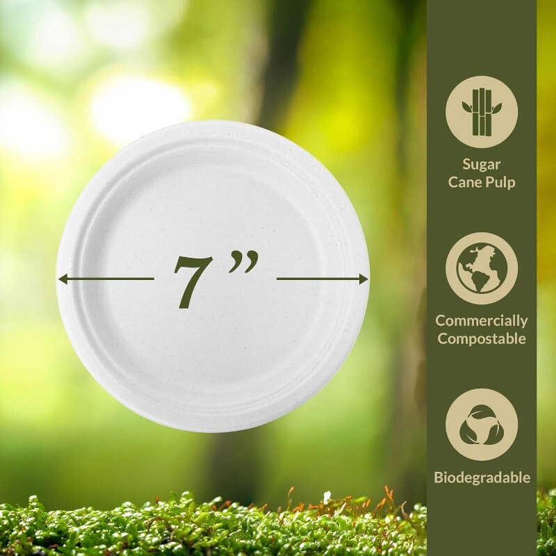 iECO 150-Pack 7" (18cm) Round White Bagasse Disposable Paper Plates Compostable