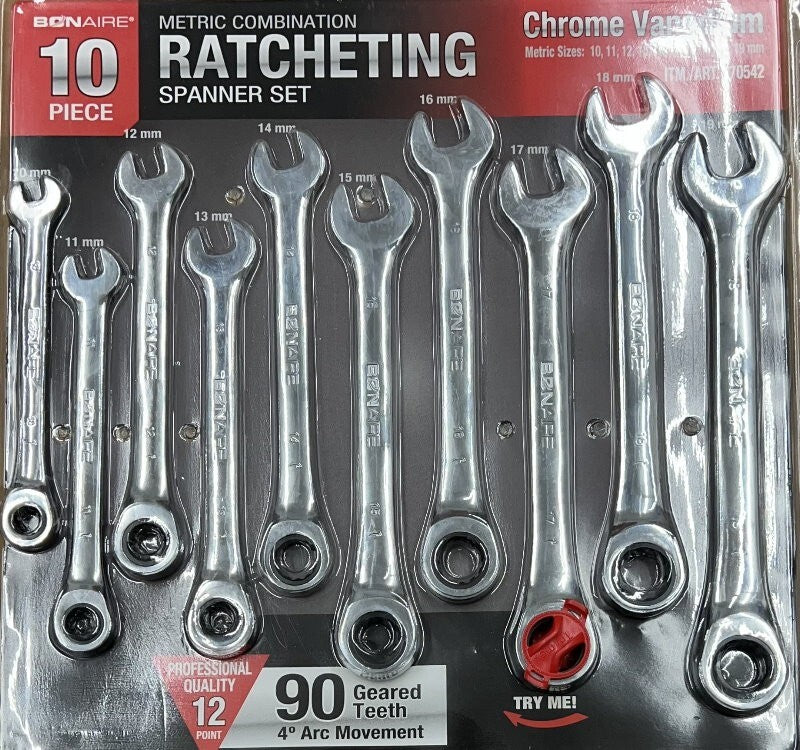 Bonaire 10 PCs 10-19mm Professional Metric Ratcheting Spanner Ratchet Wrench Set
