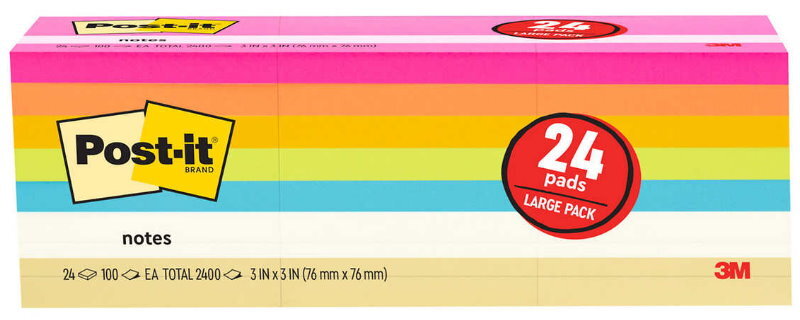 Post-It 3M Self-Stick Notes 3" x 3" Large 24 Pads (2400 Count) Assorted Colours
