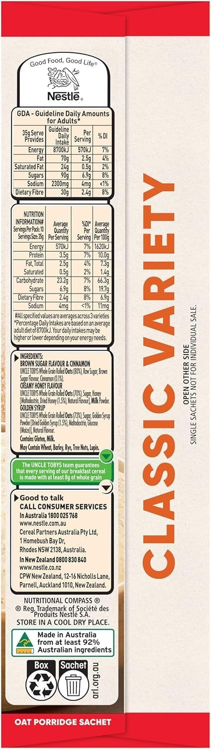 Uncle Tobys Oats Brown Sugar Cinnamon Honey Syrup Classic Variety 60 x Satchels