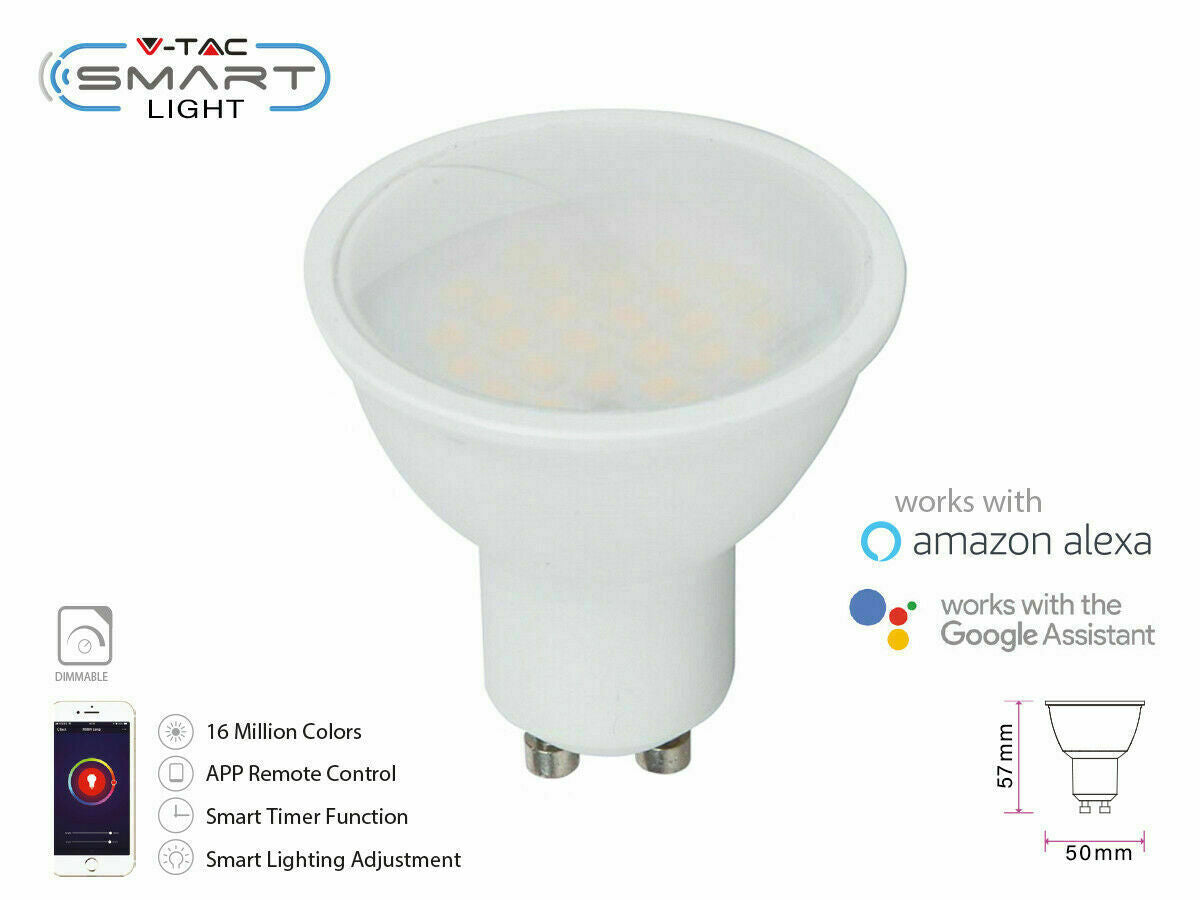 6-Pack V-TAC GU10 WiFi LED SMART Spotlight RGB 5.5Watt -Alexa & Google Assistant