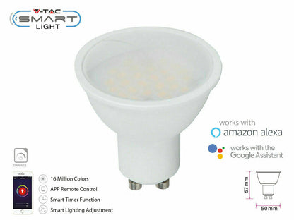 6-Pack V-TAC GU10 WiFi LED SMART Spotlight RGB 5.5Watt -Alexa & Google Assistant