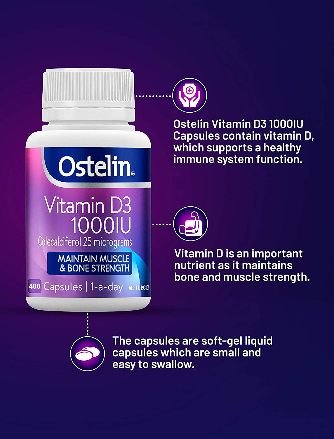 Ostelin Vitamin D3 1000IU Maintain Muscle & Bone Strength 400 Capsules Halal