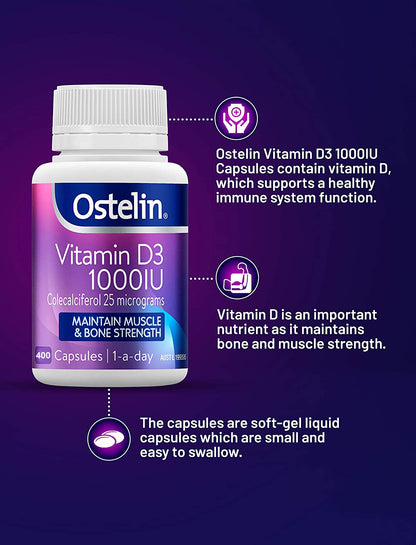 Ostelin Vitamin D3 1000IU Maintain Muscle & Bone Strength 400 Capsules Halal