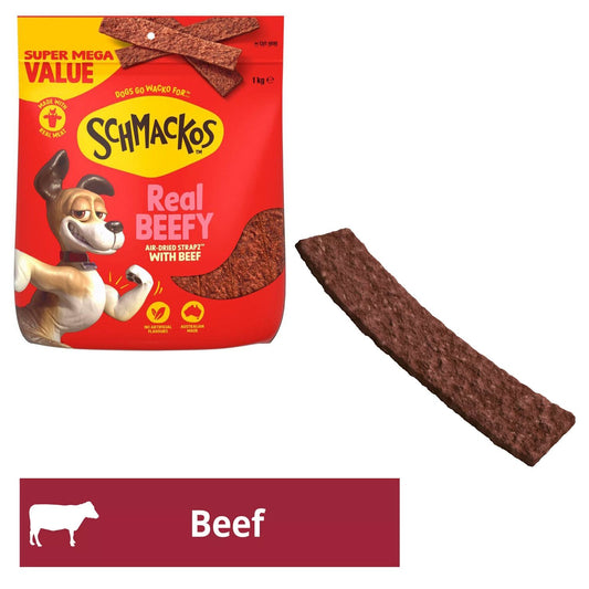 Schmackos Strapz Beef Flavoured Dog Snack Treats Australia Made 95% Fat Free 1KG
