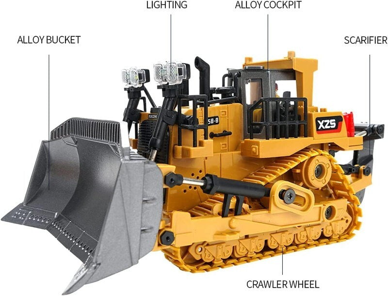 XZS 1:24 360° Rotation 9CH 2.4G RC Bulldozer Toy w/ Sound, Light, Alloy Bucket