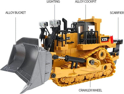 XZS 1:24 360° Rotation 9CH 2.4G RC Bulldozer Toy w/ Sound, Light, Alloy Bucket