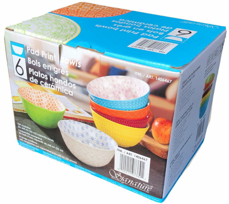 6-Piece Signature Housewares Stoneware Pad Print Bowls 660mL Microwave/Dishwashe
