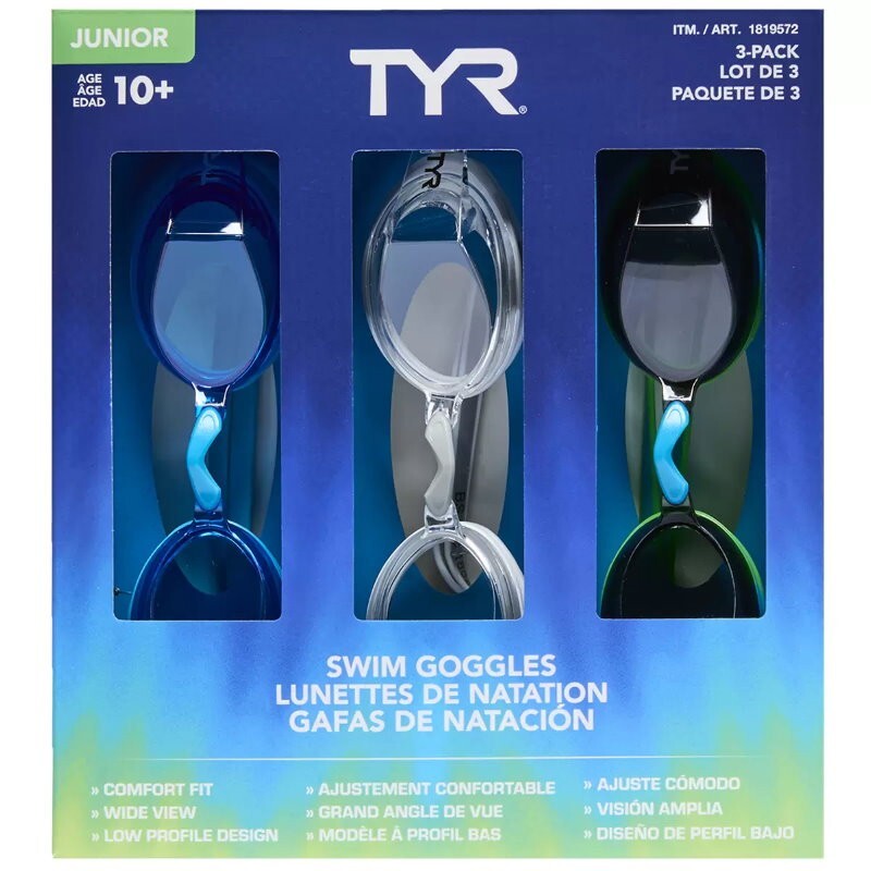 TYR 3-Pack Junior Swimming Goggles With UV Protection Boys or Girls For Age 10+
