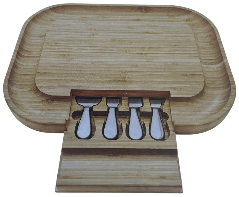 Carrara Bamboo Cheese Board 43 x 33 cm w/ 4 Stainless Steel Knife Serving Tools