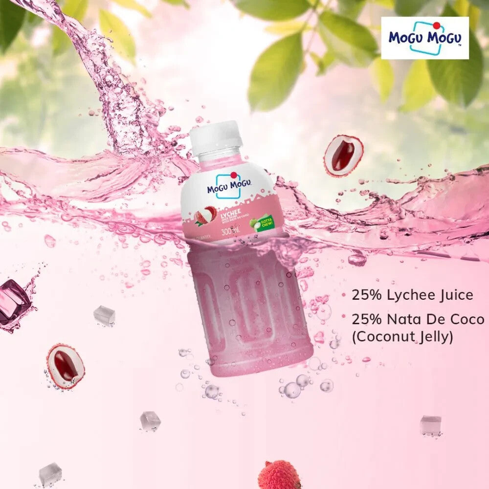 12 x 320ml Mogu Mogu Lychee flavoured Kids drink with Nata De Coco Coconut Jelly