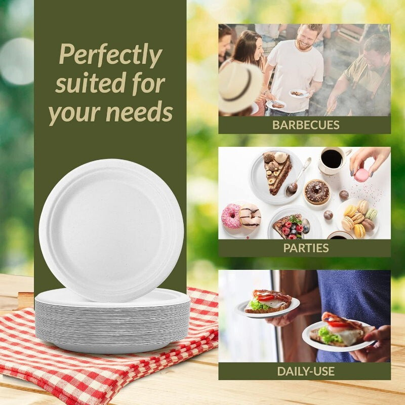 iECO 150-Pack 7" (18cm) Round White Bagasse Disposable Paper Plates Compostable
