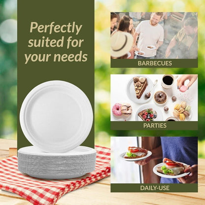 iECO 150-Pack 7" (18cm) Round White Bagasse Disposable Paper Plates Compostable