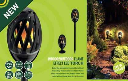 ProGlo IP65 Indoor/Outdoor LED Flame Effect Torch w/ Spike, Stand & USB Charging