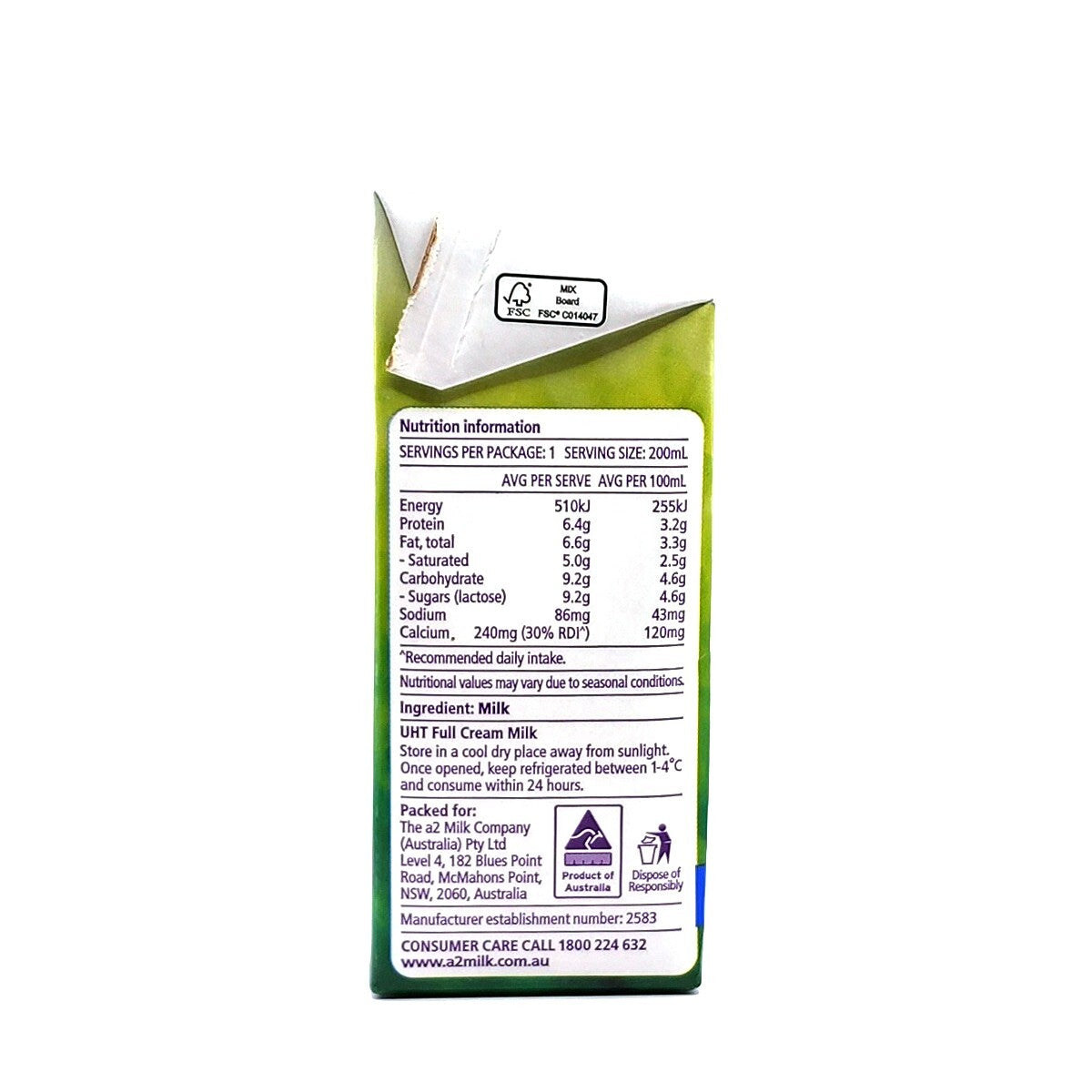 24 x 200ml A2 Pure Australian UHT Kids Full Cream Long Life Milk No Preservative