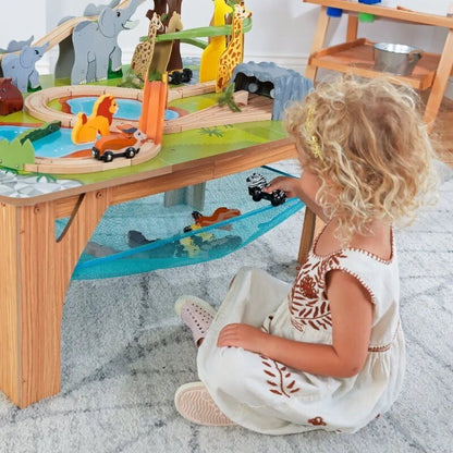 Kidkraft 52 Pcs Wooden Adventure Tracks Safari Run Play Table with Storage Net