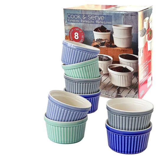 8 x Ceramic Ramekins for Baking Colourful Fluted Porcelain Bowls Souffle 295mL