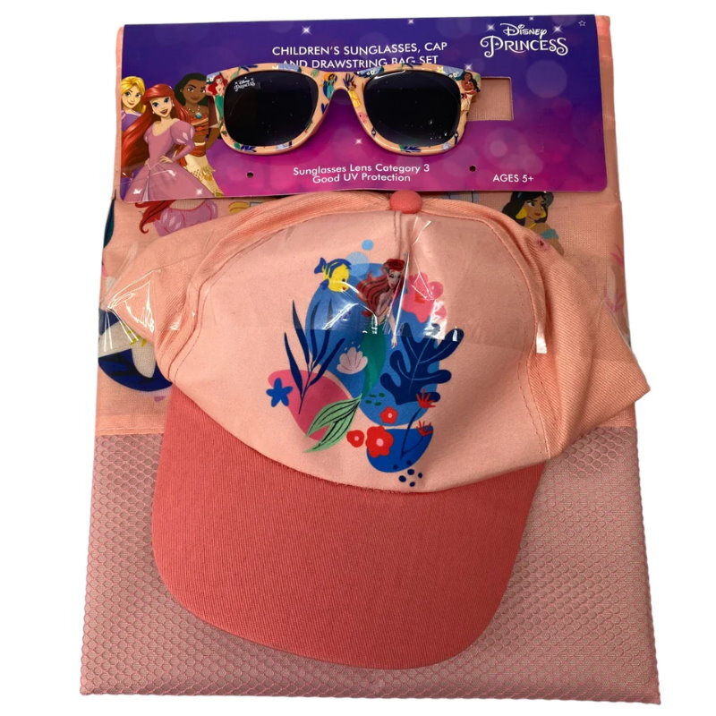 DISNEY 3pc Sunglasses, Cap & Drawstring Bag Set - Barbie, Frozen, Princess