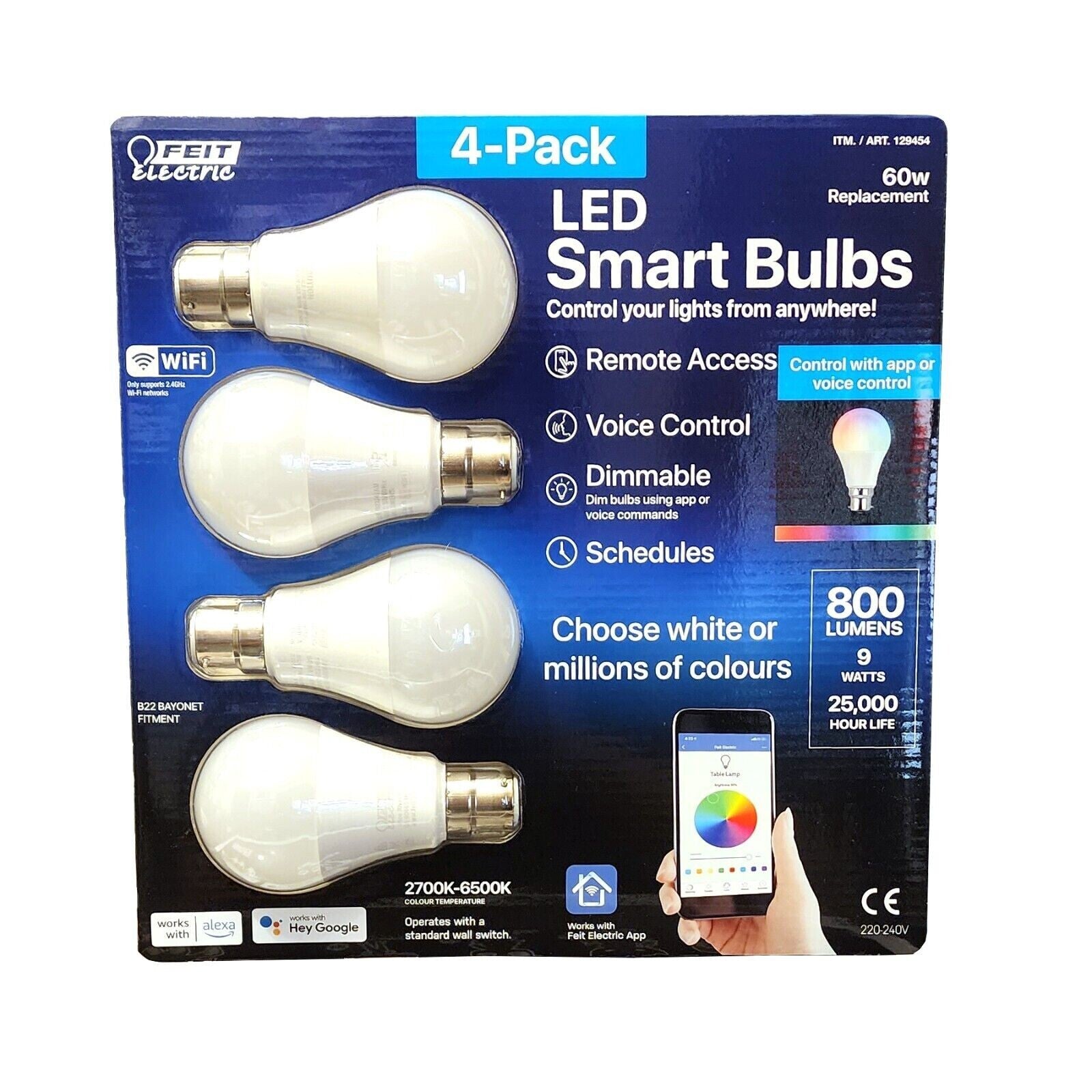 4 x FEIT Dimmable Wifi Colour RGB LED Smart Bulbs Bayonet B22 9w 800 Lumens