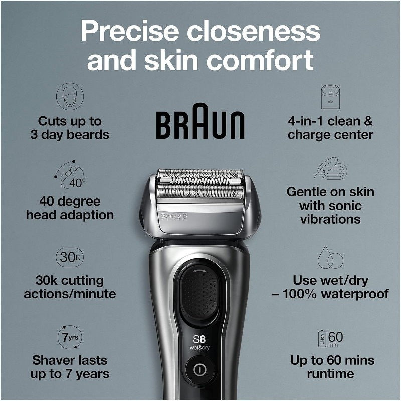 Braun Series 8 Wet & Dry 3 + 1 Head Electric Shaver & Precision Trimmer -Express