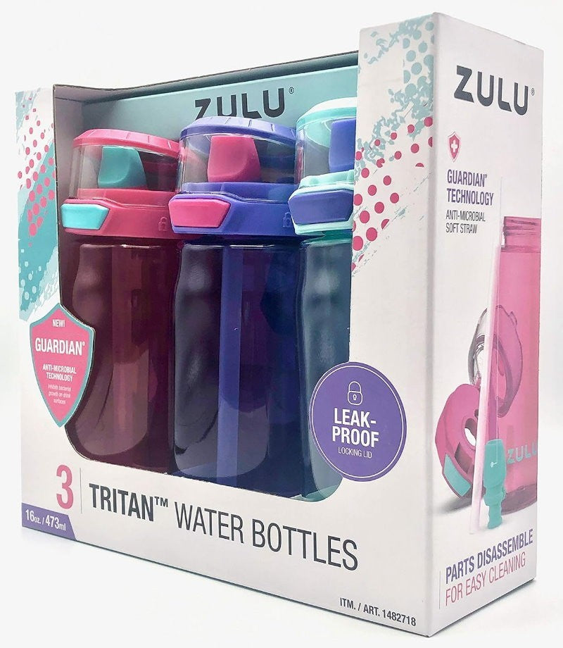 ZULU 3-Pack Kids Flex Tritan Water Bottle Set 16 oz / 473 ml for Boys or Girls