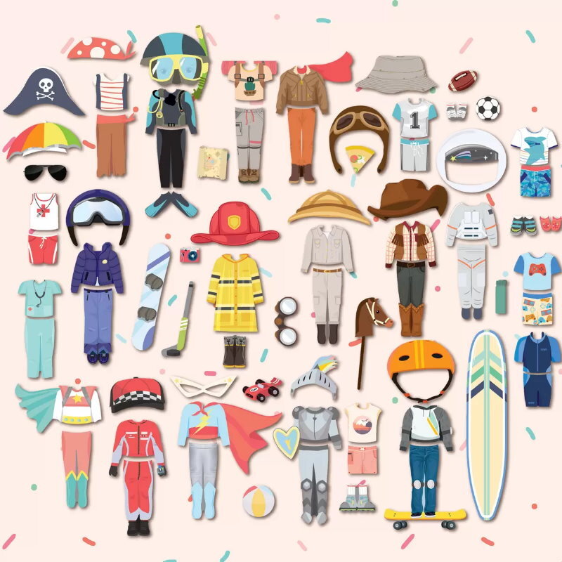Story Magic Wooden Dress-Up Dolls Assortment -Dollhouse, 10 Figurines, 80 Magnet